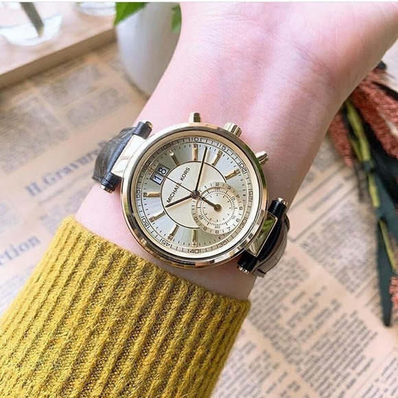 New Michael Kors Sawyer Gold Tone With Black Leather Strap Watch $275 - Picture 7 of 7